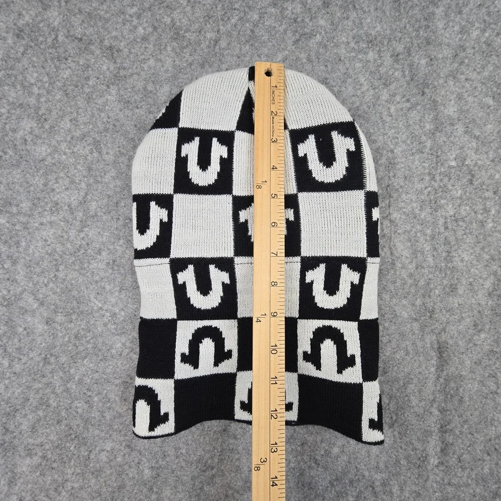 True Religion Beanie Unisex OS Black White Checkered Logo Faux Fur Lined Hat